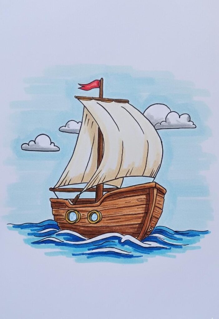 boat on water completed drawing